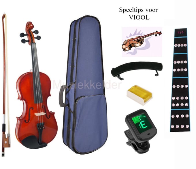 Viool set 4/4 compleet met schoudersteun, stemapparaat, boek.