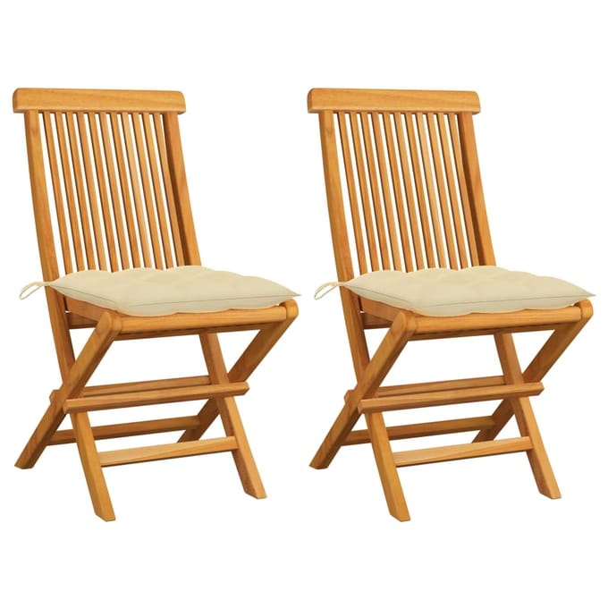 vidaXL - Inklapbare - stoelen - 2 - st - met - crèmewitte - kussens - massief - teakhout