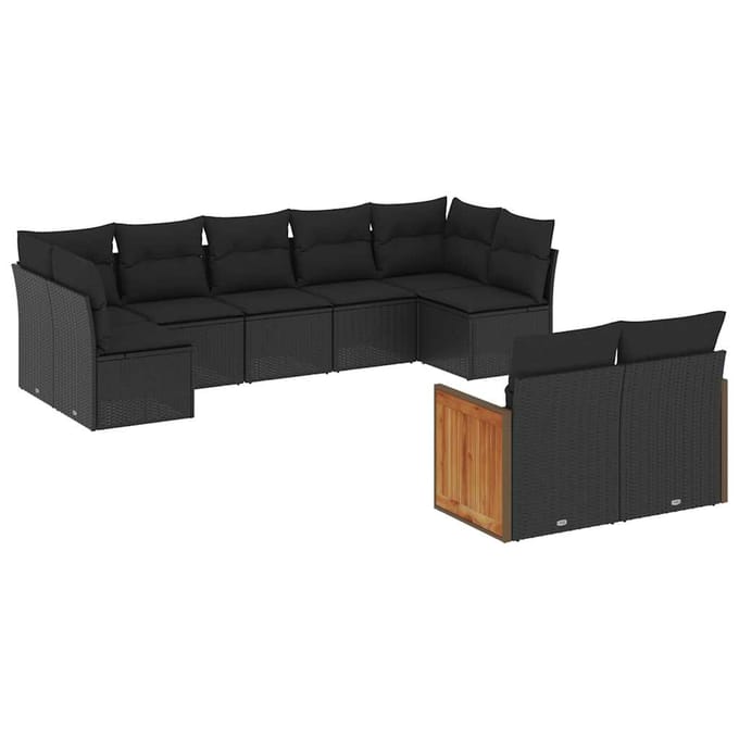 vidaXL - 9-delige - Loungeset - met - kussens - poly - rattan - zwart