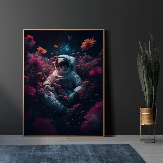AI - Woondecoratie - Poster - Astronaut - bloemen - 60 x 80 cm