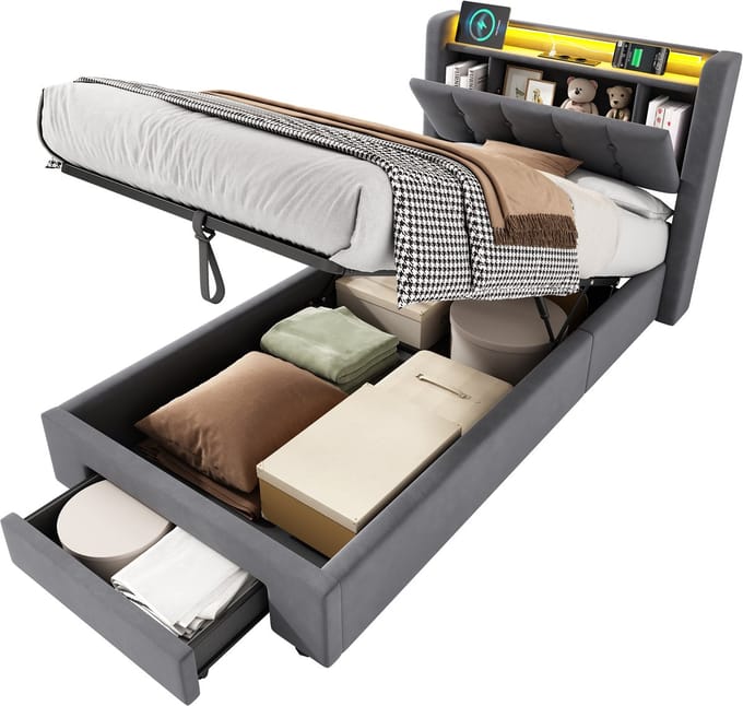 MODFU Gestoffeerd Bed 90x200 cm – LED, USB & hydrauliek – Fluweel – Met lade – Incl. lattenbodem – Modern design