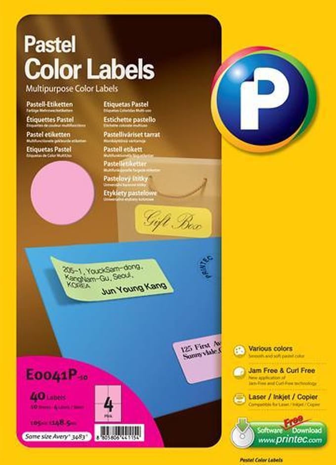 Printec Pastel Roze Etiketten - 10 Vel - 105x148.5mm - 4 Labels Per A4 - 40 Gekleurde Stickers