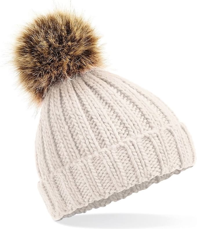 Gebreide wintermuts beige grof/chunky met pompon voor meisjes