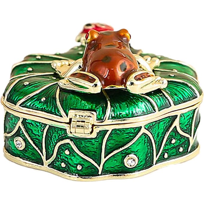 Kikker op Blad Snuisterijdoos Emaille Sieradendoosje met Strass Natuur Thema Decoratieve Opbergdoos Groen groen