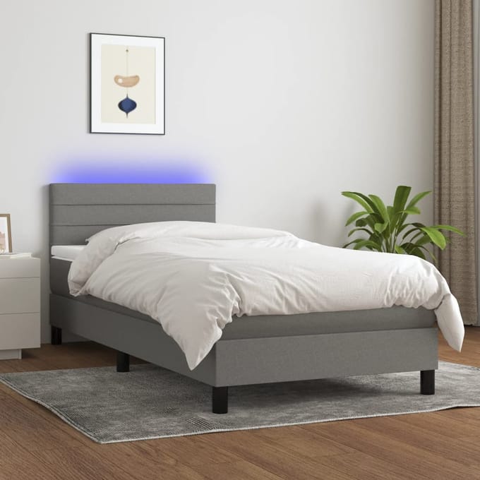 vidaXL - Boxspring - met - matras - en - LED - stof - donkergrijs - 90x190 - cm