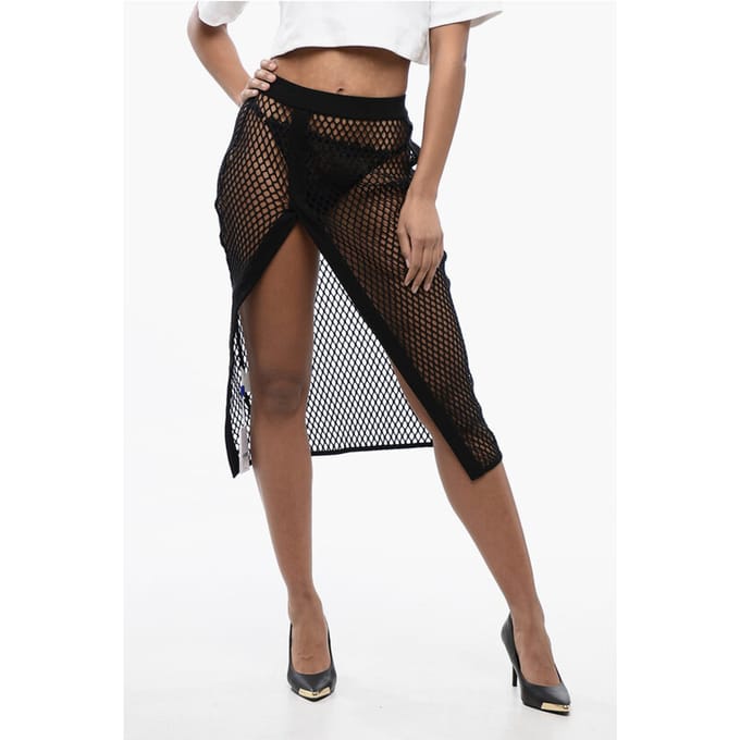 Midi-rok met hoge taille en mesh-design in zwart