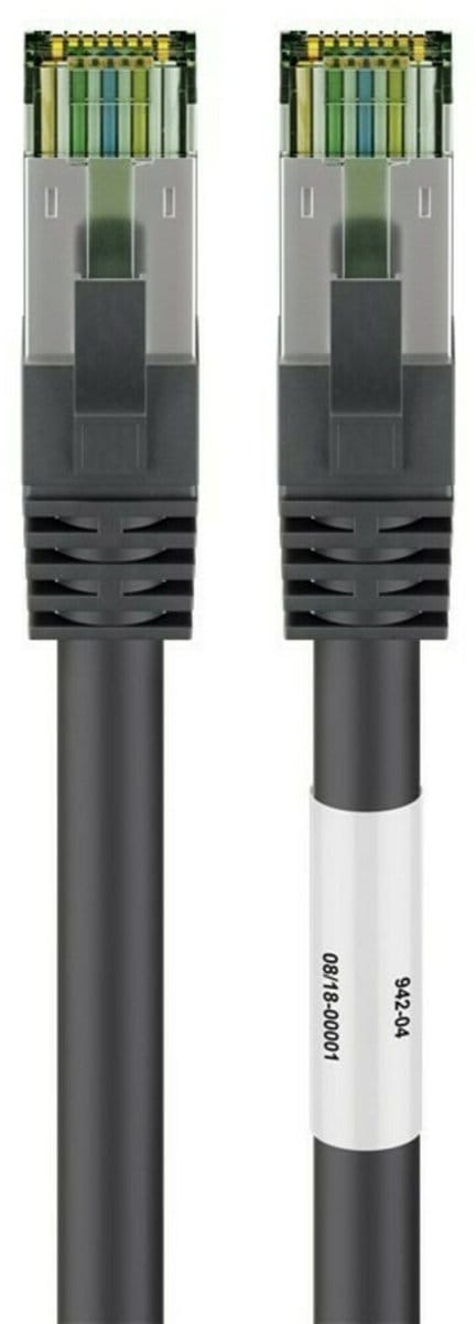 Goobay CAT 8.1 Patchkabel, S/FTP (PiMF), zwart, 99,9% zuurstofvrije koperen geleider (OFC), AWG 24, halogeenvrije kabelmantel (LSZH)