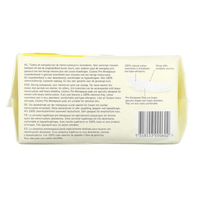 Katoen, 100% natuurlijk katoenen toplaag, premenopauzale vleugelpad, 8 pads beige