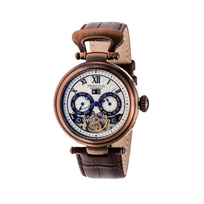 Heritor Automatic Ganzi Semi-Skelet Horloge met Leren Band - Brons