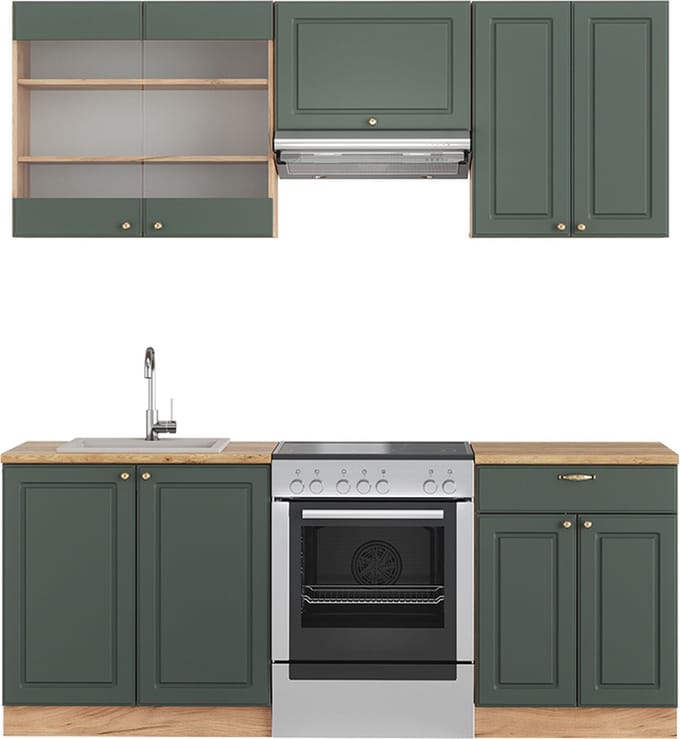Vicco Fame-Line Complete keukeneenheid – 200 cm, WB Eik Groen-Goud Land/Goud Power Eik