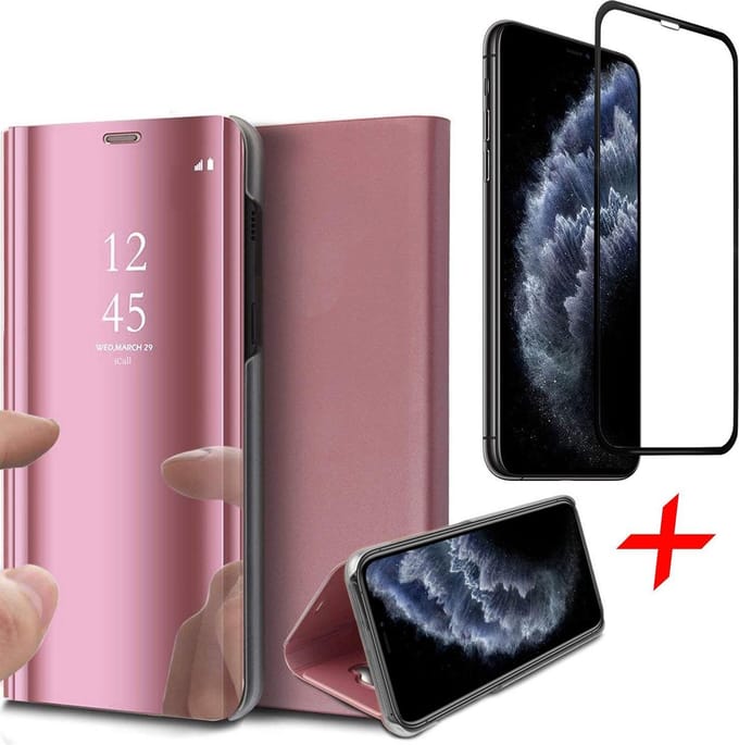 Hoesje geschikt voor iPhone 11 pro max - spiegel book case cover roségoud + Screenprotector glas tempered glass screen protector full screen