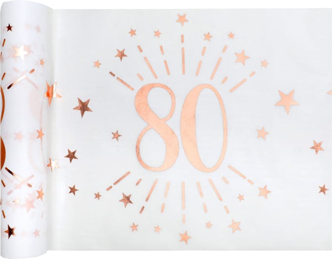 Santex Tafelloper op rol - 2x - 80 jaar verjaardag - polyester - wit/rose goud - 30 x 500 cm