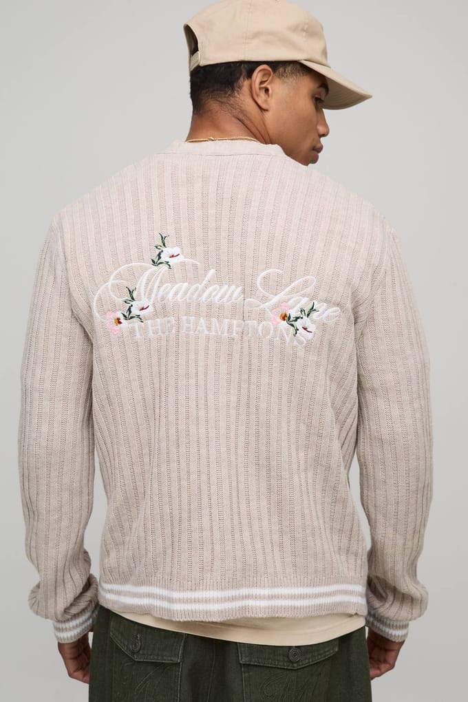 Men's Boxy Floral Varsity Geborduurde Jacquard Gebreide Cardigan | Ecru | Size Medium