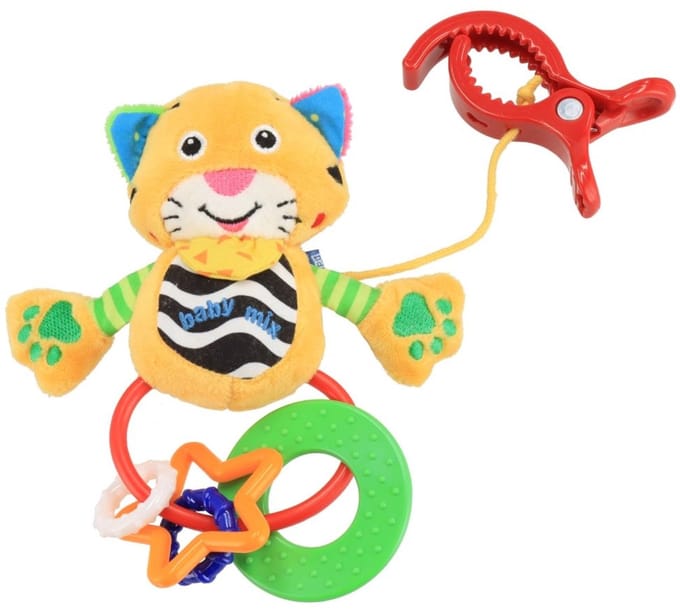 Baby Mix pluche rammelaar tijger met clip - Babyspeeltje