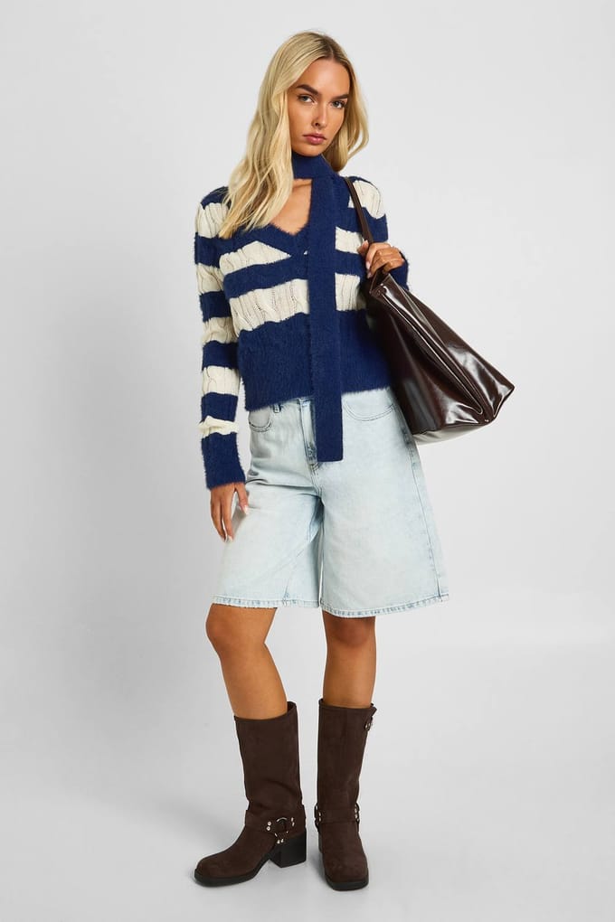 boohoo Dames Superzachte chunky streep V-hals trui en sjaal | Marineblauw | Maat: Medium