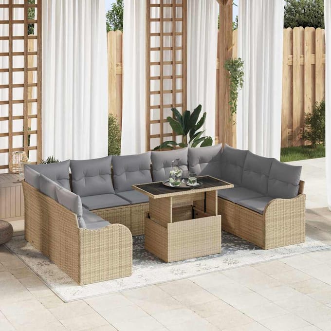 vidaXL - Tuinbank - Set - 10 - st - 9-zits - Beige - [Synthetisch]: - Poly - Riet