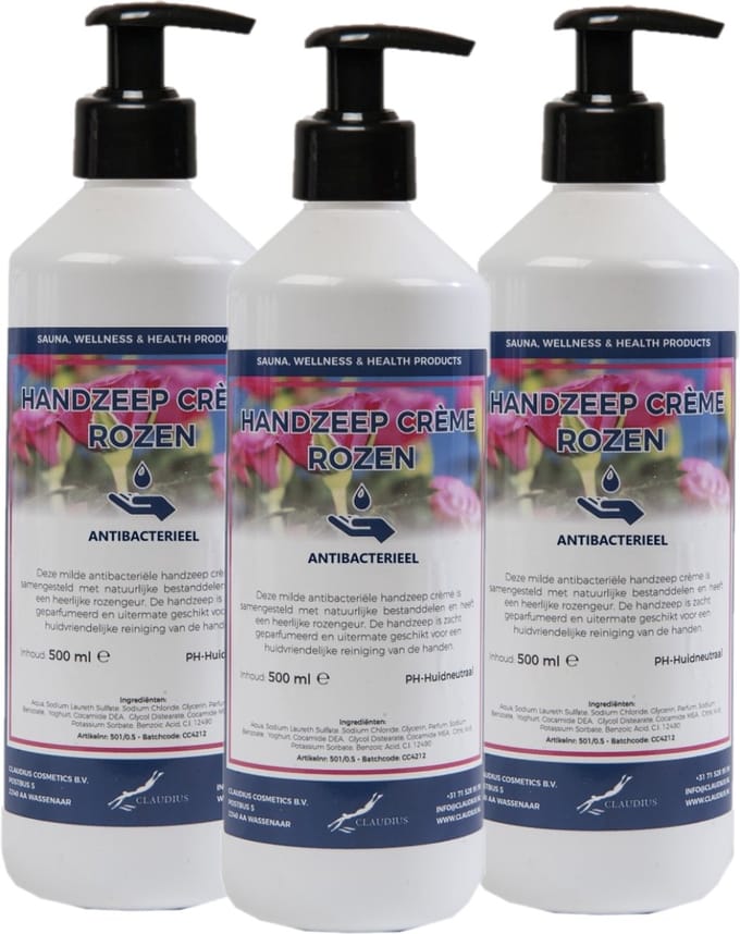 Handzeep Creme Rozen 500 ml - met gratis pompje - set van 3 stuks
