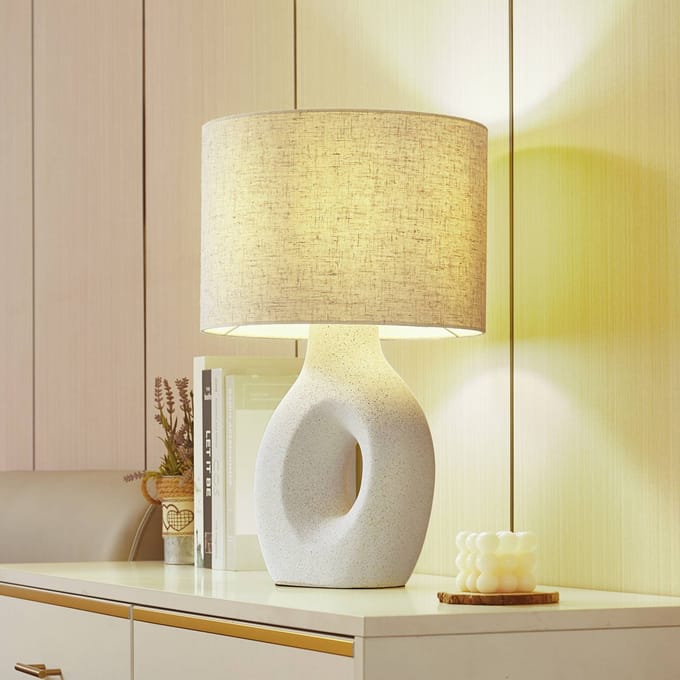 Lindby - Tafellamp - 1licht - Textiel, keramiek - H: 50 cm - E27 - grijs-wit, wit
