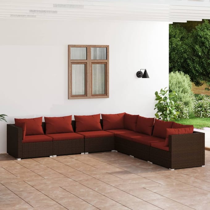 vidaXL - 7-delige - Loungeset - met - kussens - poly - rattan - bruin