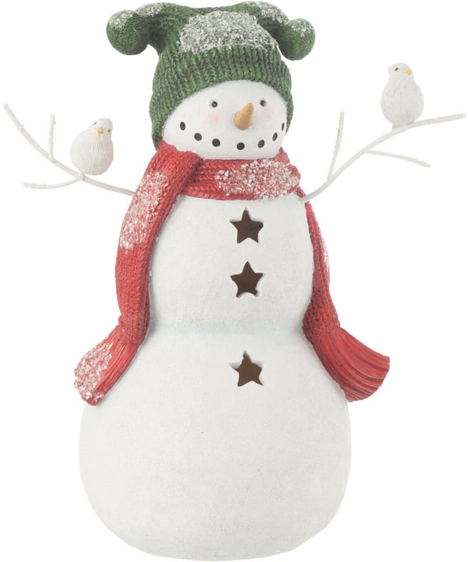 J-Line figuur Sneeuwman Vogels - polyresin - rood/groen - small