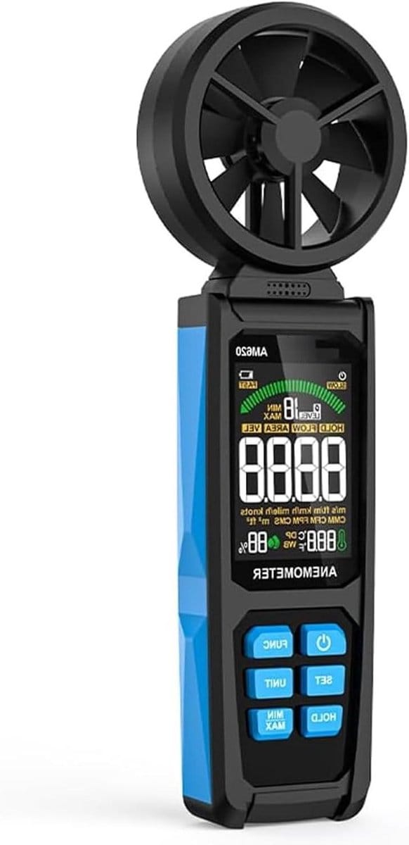 Digitale Anemometer - Windsnelheidsmeter Luchtstroommeter - Weer Meten - 8-Blads Ventilator Dubbele Lagering - 6 Eenheden Windsnelheid - Zwart