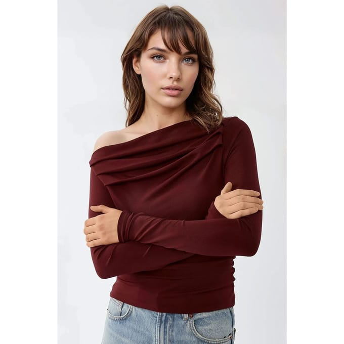 Gelaagd Top met Textuur en Asymmetrische Kraag