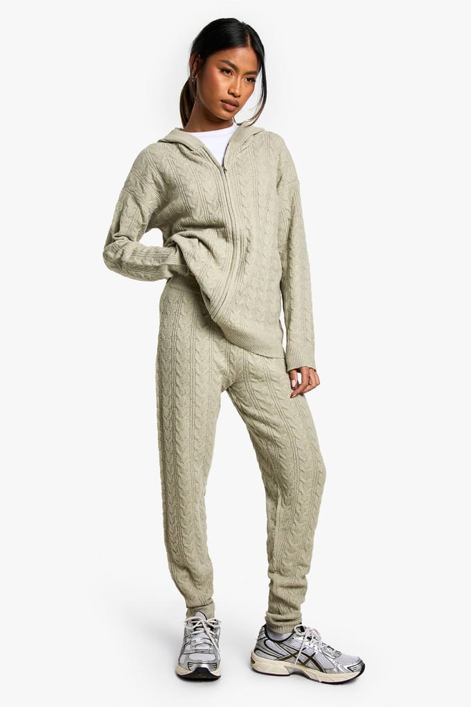 boohoo Dames Zacht kabelgebreid trainingspak met zip-through capuchon | Stone | Maat: Medium
