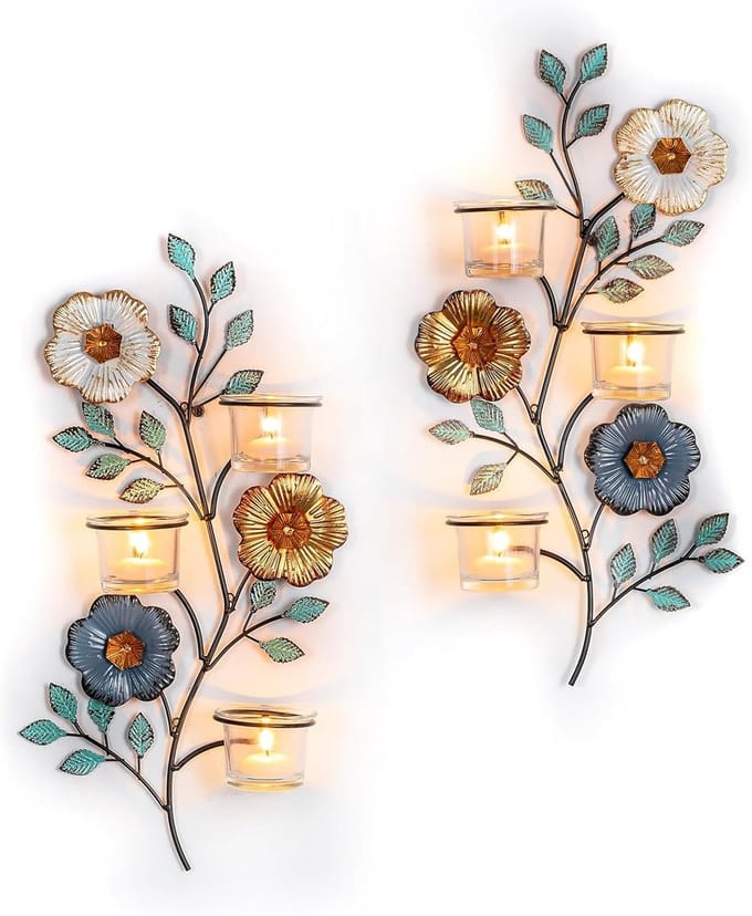 Set van 2 Wandkaarsenhouder Metaal Decoratie met Glazen Houders