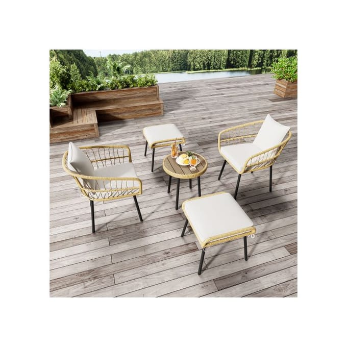 Ensemble de jardin lounge 5 pièces, composé de 1 table à manger, 2 chaises, 2 tabourets, meubles, rotin, naturel