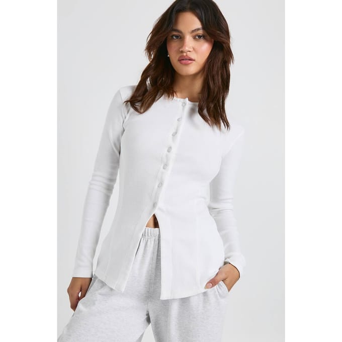 boohoo Dames Geribbelde top in longline-stijl met knoopsluiting aan de voorzijde | Wit | Maat: 44