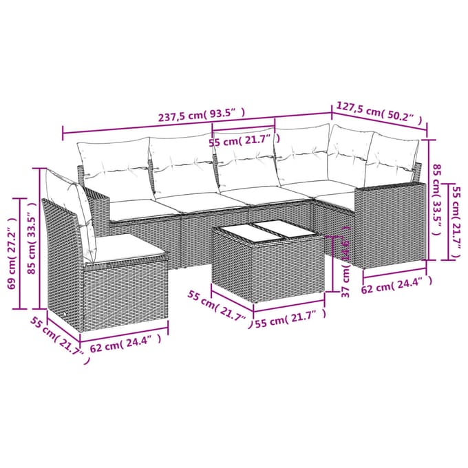 vidaXL - 7-delige - Loungeset - met - kussens - poly - rattan - grijs