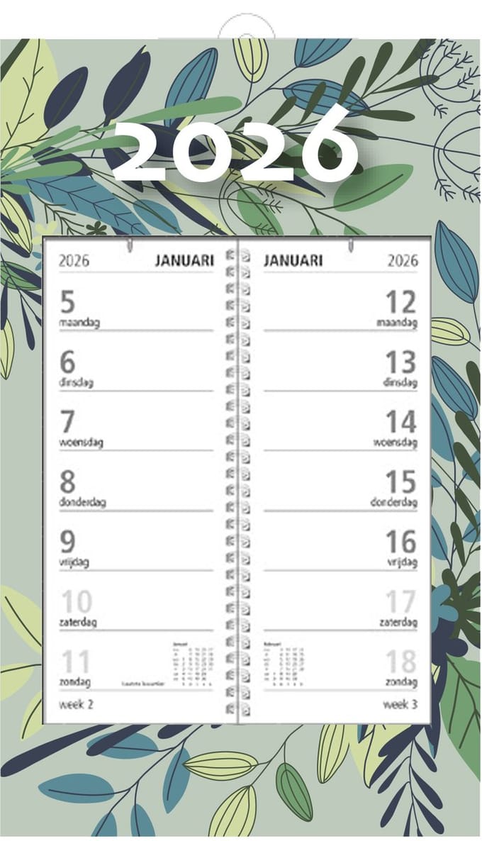 MGPcards - Omlegweekkalender 2026 - Week begint op maandag - 21 x 34 cm - Bladeren - Groen
