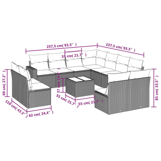 vidaXL - 12-delige - Loungeset - met - kussens - poly - rattan - grijs