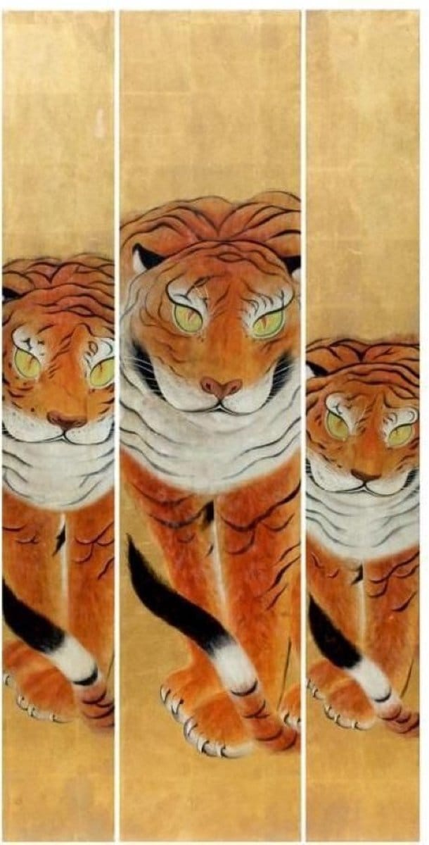 Fine Asianliving Handgemaakt 3 Tijgers Schilderij van Bladgoud