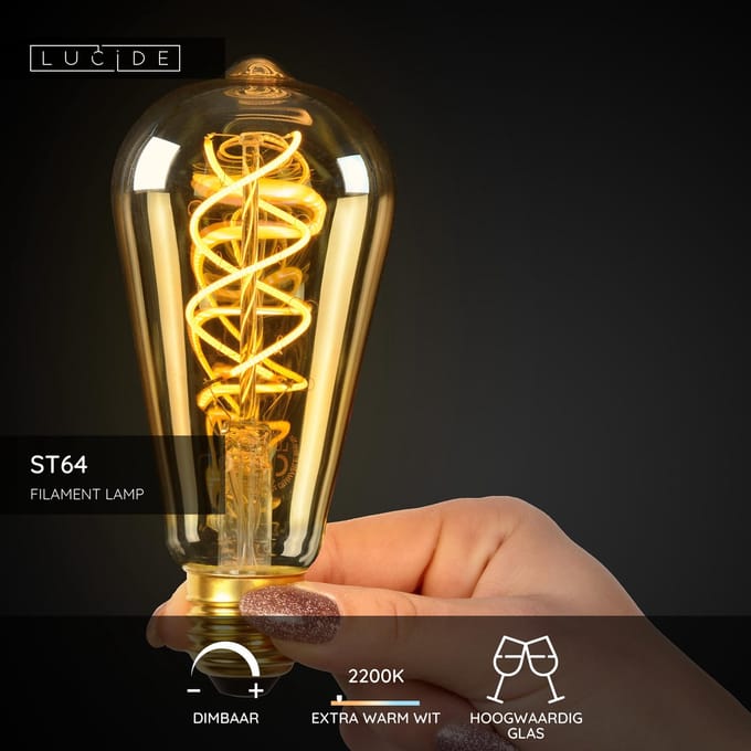 Lucide Ledfilamentlamp Edison St64 - Amber - D6,4cm - Dimbaar - Warm Wit - E27 - 4,9w