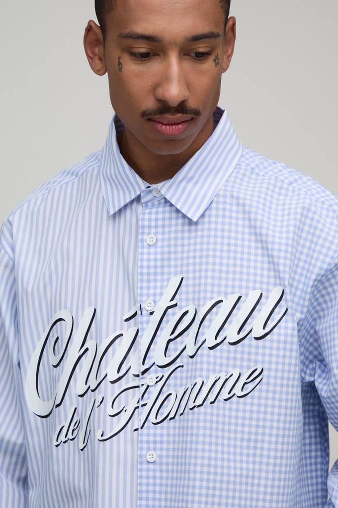 Oversized Crop Spliced Front Print Shirt | Blue | Size Medium