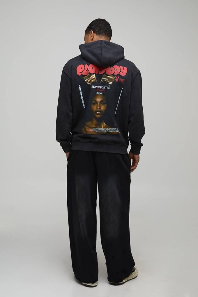 Zwarte oversized Playboy gewassen hoodie met gelicentieerde print | Washed Black | Size Medium