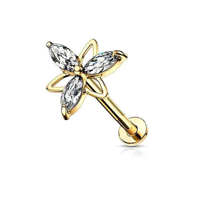 neuspiercing steentje - labret piercing - 10mm Goud - Elegance flower - neuspiercing staafje- tragus piercing - lippiercing steentje - tragus piercing steentje -piercing chirurgisch staal