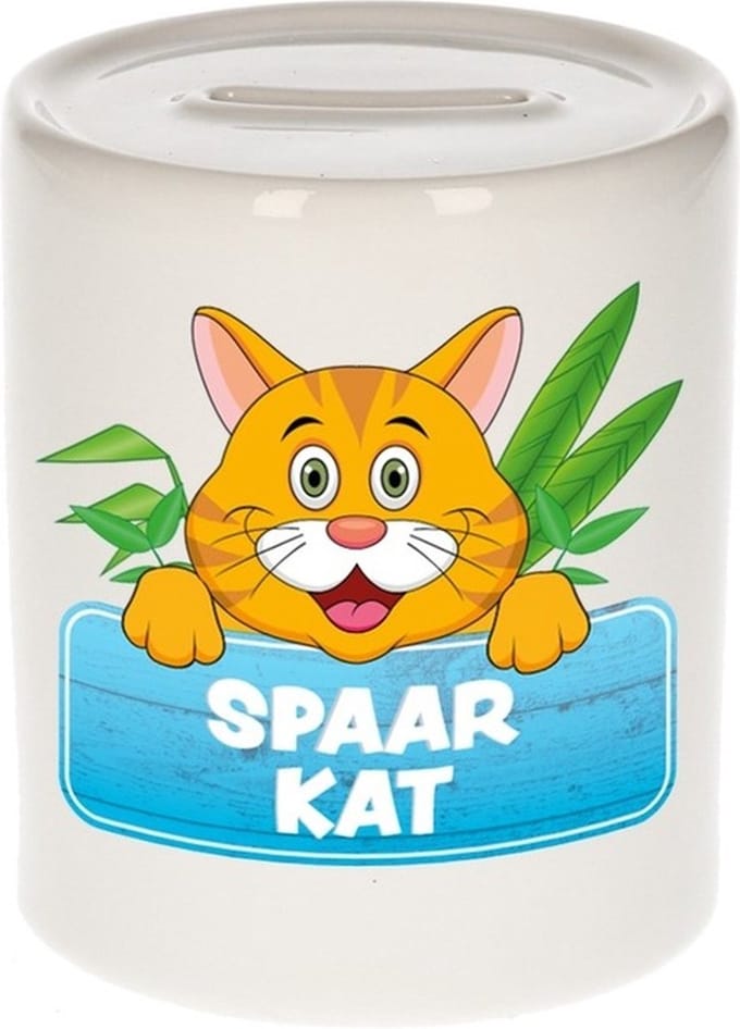 Kinder spaarpot met rode spaar kat opdruk - keramiek - katten spaarpotten
