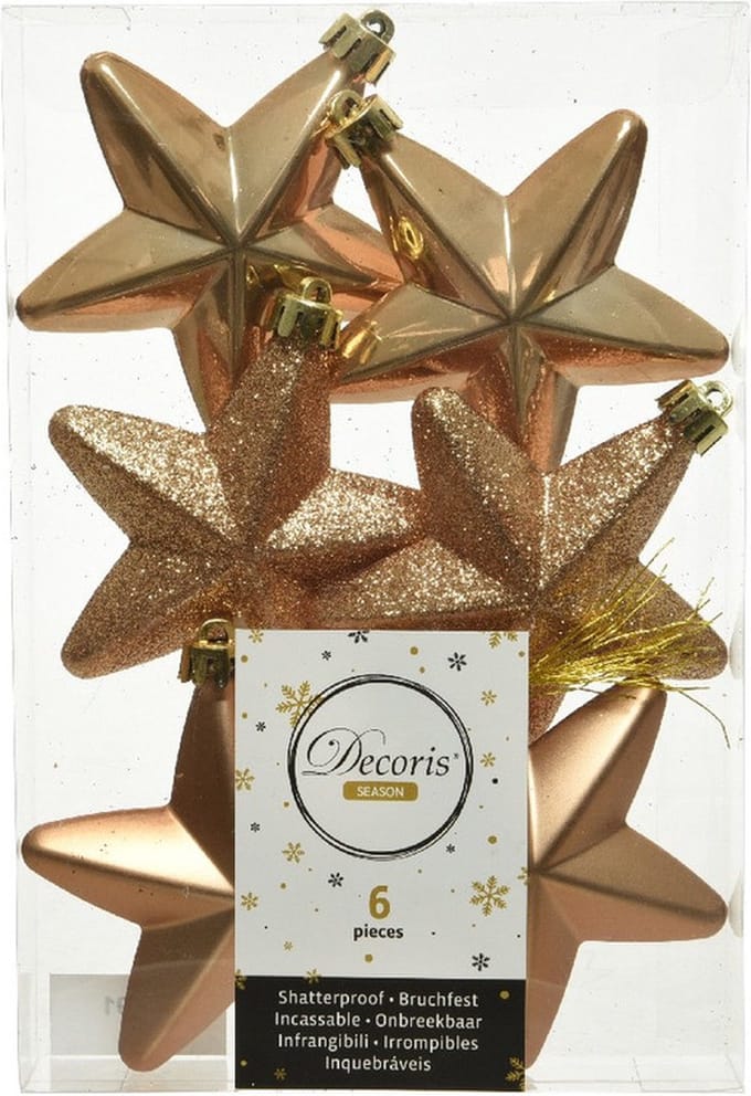 Decoris kersthanger sterren - 6x st - camel bruin - 7 cm - kunststof - kerstornamenten - kerstversiering