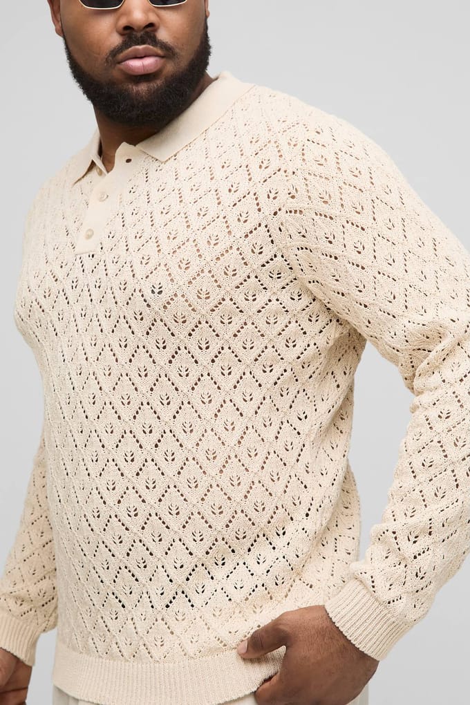 Plus oversized gehaakte poloshirt met lange mouwen | Natural | Size 2XL