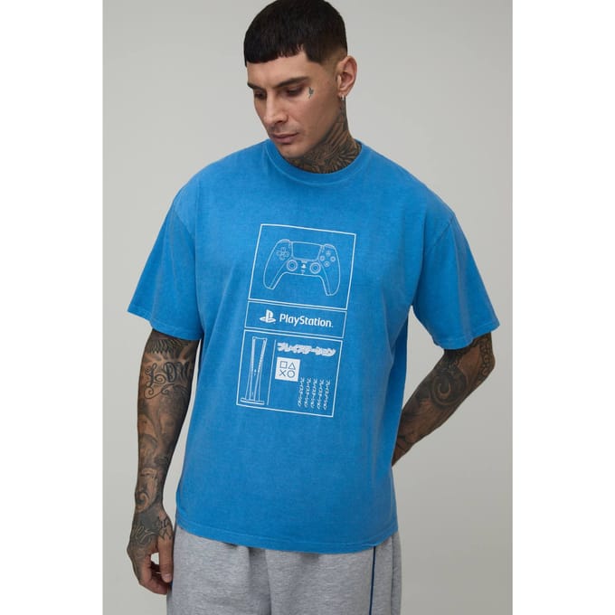 Tall Oversized PlayStation Licentie Gewassen Bedrukt T-Shirt | Blue | Size Medium