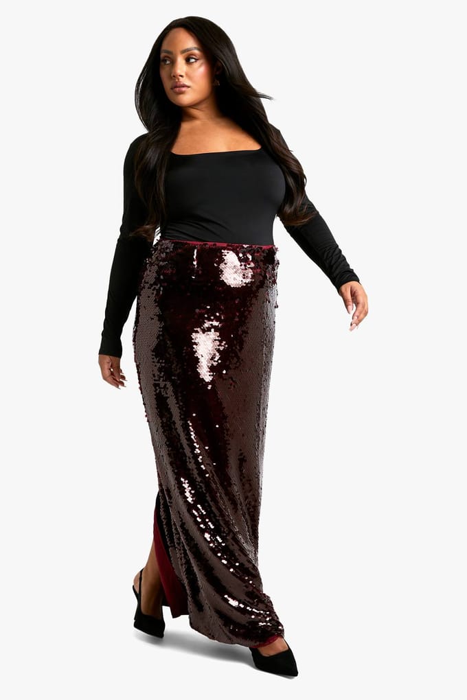 boohoo Dames Plus Premium Pailletten Maxi Rok | Malbec | Maat: 56
