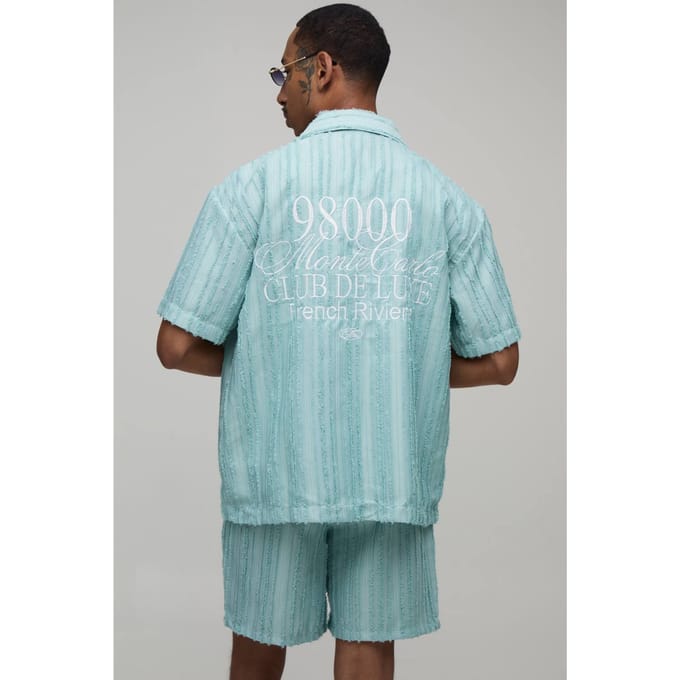 Geborduurd Geplisseerd Monte Carlo Regular Overhemd & Relaxed Short Set | Blue | Size Medium