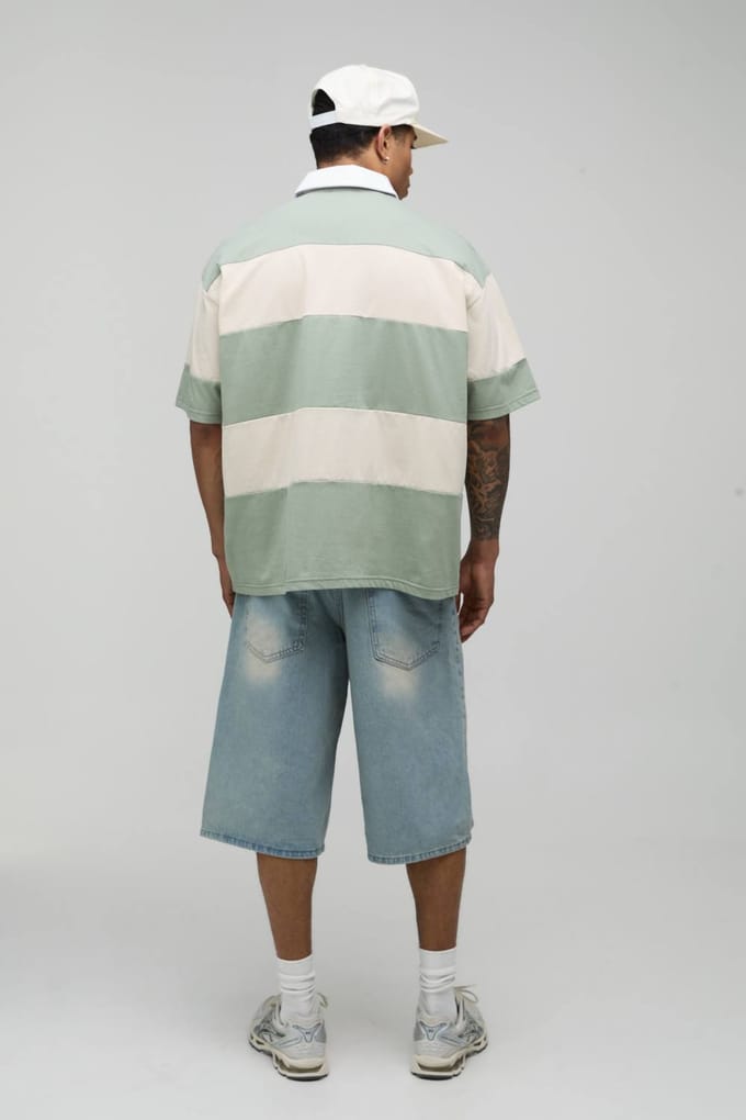 Oversized La Residence Geborduurd Gestreept Rugby Polo | Sage | Size XS