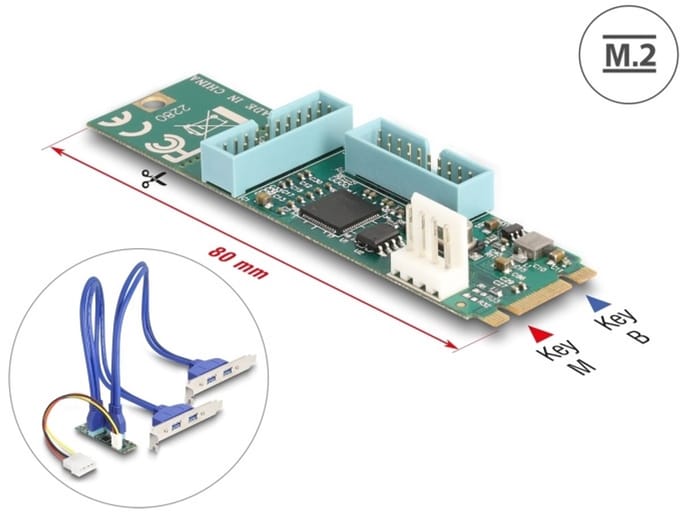 Delock Converter M.2 Key B+M male to 4 x USB 5 Gbps Type-A female with 50 cm cable