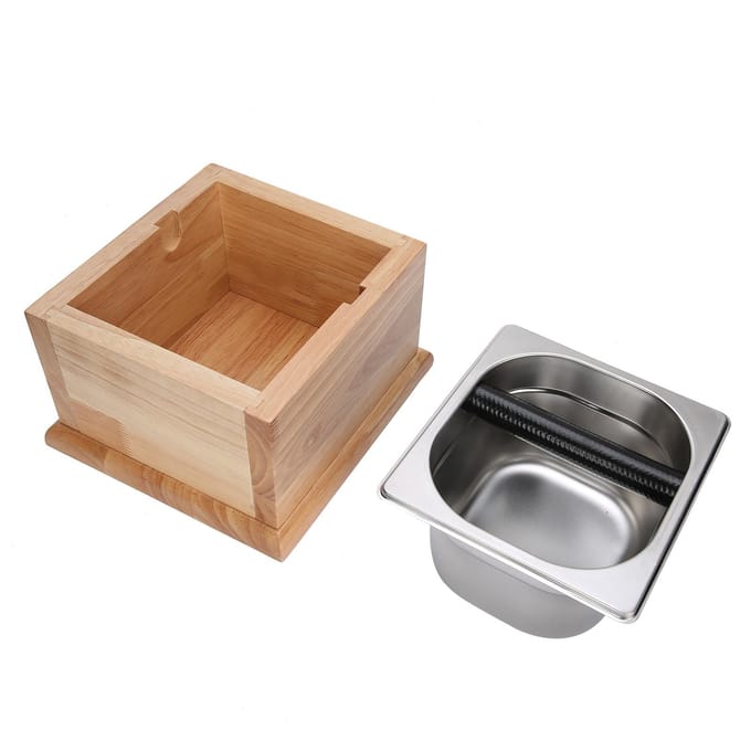 Knock Box Roestvrij Staal Koffiedik Container Afvalbak met Houten Basis Koffie AccessoireL black
