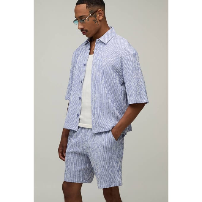 Gestreepte Seersucker Geborduurd Boxy Oversized Shirt & Short Set | Navy | Size Medium