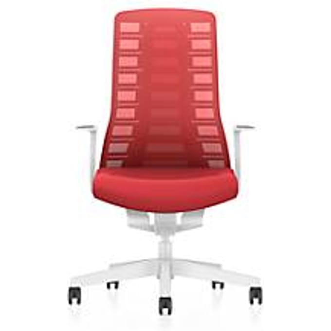 Interstuhl bureaustoel PUREis3, vaste armleuningen, 3D auto-synchroonmechanisme, kuipzitting, gazen rugleuning, vuurrood/wit