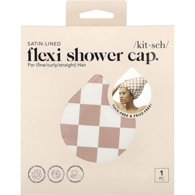 Bonnet de douche kitsch en plexiglas doublé de satin, à carreaux terracotta, 1 pièce white
